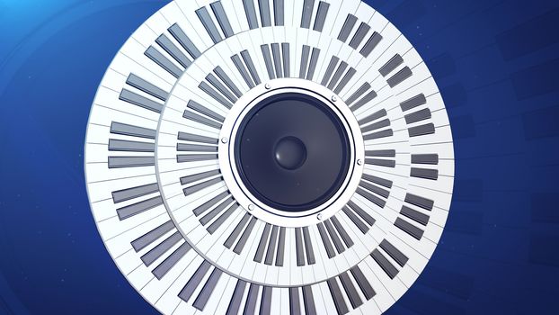 3d rendering of abstract grand piano keys in a circle over an audio monitor. Music concept.