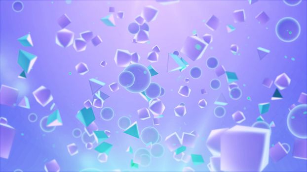 3d rendering of Spheres, Cubes and Pyramids in the air background. 