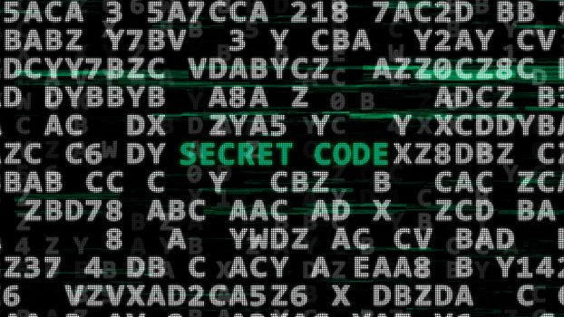 Green -Secret Code- between searching of abstract passwords screen. 3d illustration.