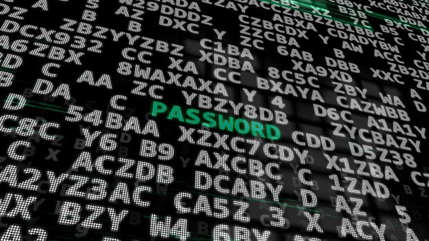 3d illustration. Green Word -Password- between searching of abstract passwords or combinations codes or confidential keys.