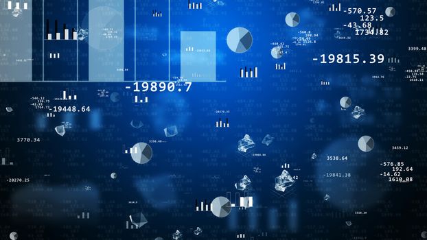Abstract financial signs, charts, graphs on a blue background. Big business concept. 3d illustration.