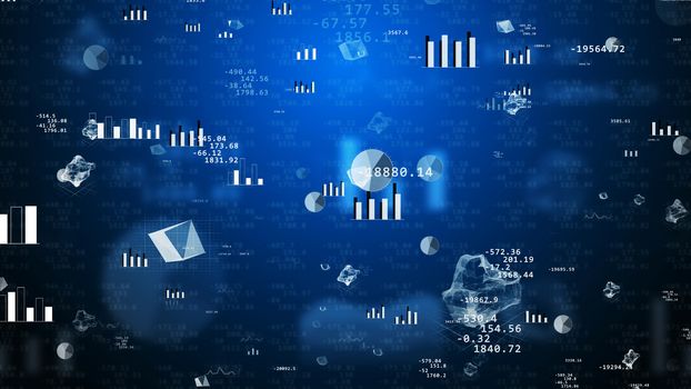 3d illustration. Big business concept. Abstract financial signs, charts, graphs on a blue background. 