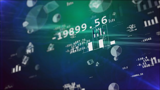3d rendering of Business background with stock market elements: graph, bars, etc.