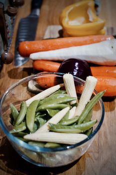 Fresh and tasty vegetables in the kitchen. Vegetarian food concept.