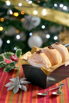 Christmas background with donuts in vintage tray