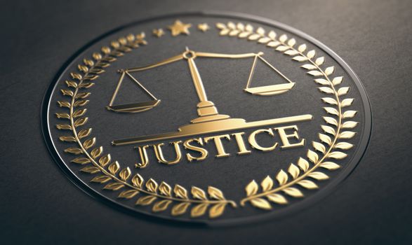 Scales of justice embossed symbol design with golden foil over black paper background. 3D illustration 