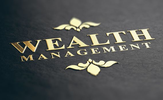 Wealth management phrase embossed design with golden foil over black paper background. 3D illustration. Financial advisory Concept