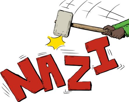 Sledge hammer in hands breaking up the word Nazi over white