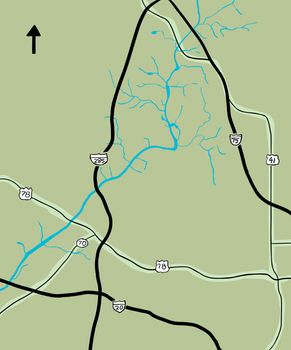 Chattahoochee River and various highways on map of Georgia, USA