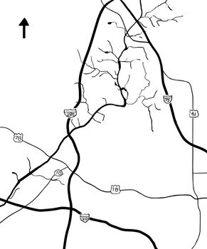 Chattahoochee River and various highways on outline map of Georgia, USA