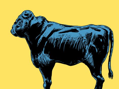 The ancient black stone bull idol representing the Akkadian King of the Gods over yellow background