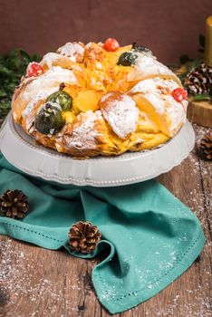 Bolo do Rei or King's Cake, Made for Christmas, Carnavale or Mardi Gras with Present Wrapping in Background