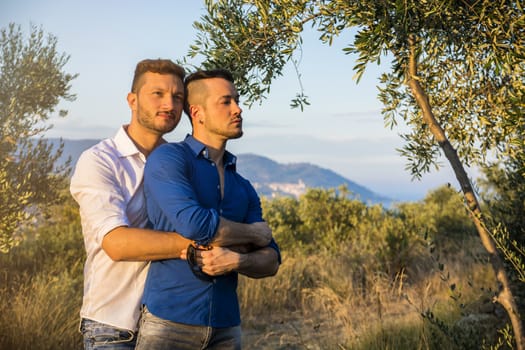 Happy adult gay couple embracing in nature in the evening.