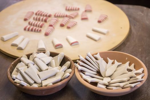 Close up view of souvenir ceramic workshop, with unfinished pieces.
