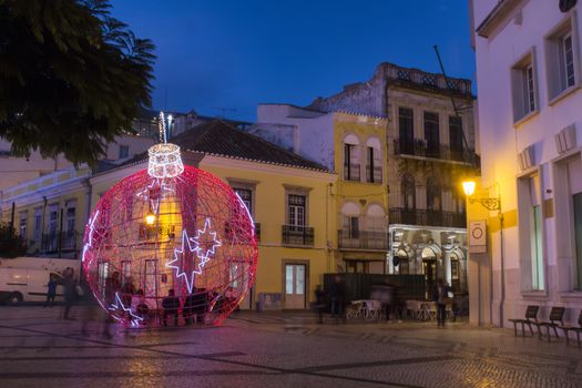 Beautiful view of a christmas ball in Faro city downtown, Portugal.