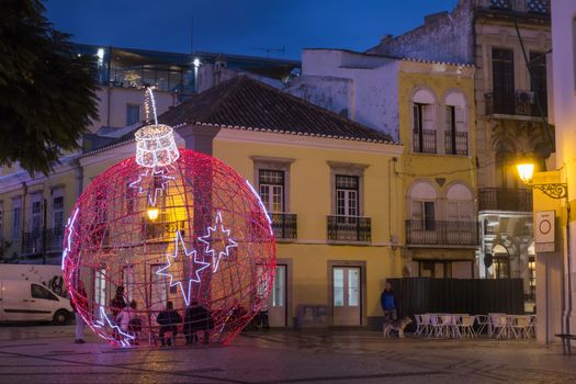 Beautiful view of a christmas ball in Faro city downtown, Portugal.