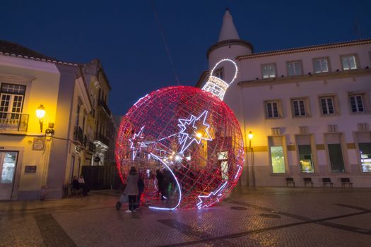 Beautiful view of a christmas ball in Faro city downtown, Portugal.