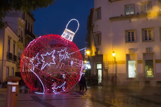 Beautiful view of a christmas ball in Faro city downtown, Portugal.