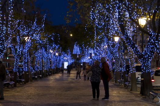 Beautiful view of christmas themed wrapped trees with decorative lights in Olhao city, Portugal.