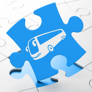 Travel concept: Bus on Blue puzzle pieces background, 3D rendering
