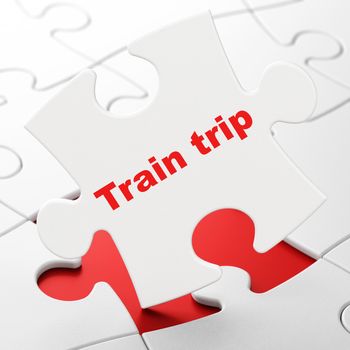 Vacation concept: Train Trip on White puzzle pieces background, 3D rendering