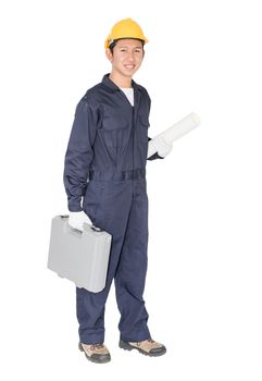 Young handyman  standing with his tool box isolated on white background