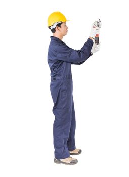 Young handyman in uniform hold grinder, Cutout isolated on white background