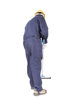 Young man in uniform hold mop for cleaning glass window, Cut out isolated on white background