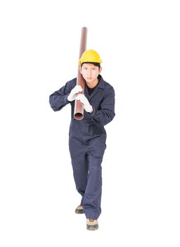 Young plumber in unifrom holding pvc pipe isolated on white background