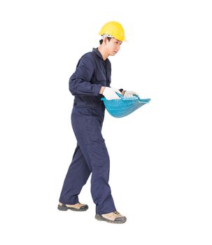 Young worker in uniform hold Hod or clam-shell shaped basket is a construction tools  ,Cut out isolated on white background