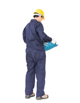 Young worker in uniform hold Hod or clam-shell shaped basket is a construction tools  ,Cut out isolated on white background