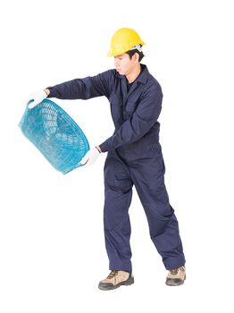 Young worker in uniform hold Hod or clam-shell shaped basket is a construction tools  ,Cut out isolated on white background