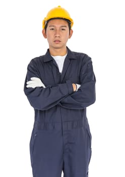 Young worker in uniform standing with arm crossed  isolated on white background