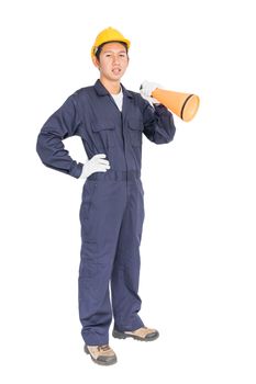 Young worker with yellow helmet holding a megaphone (loud hailer) isolated over white background