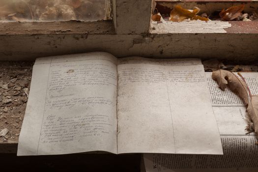 Abandoned notebook with records of the events before catastrophe. Kindergarten in Chernobyl, Ukraine