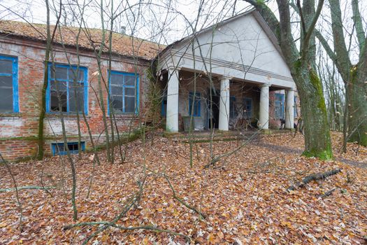 Overgrown ruined radioactive poluted kindergarten in Chernobyl city, Ukraine