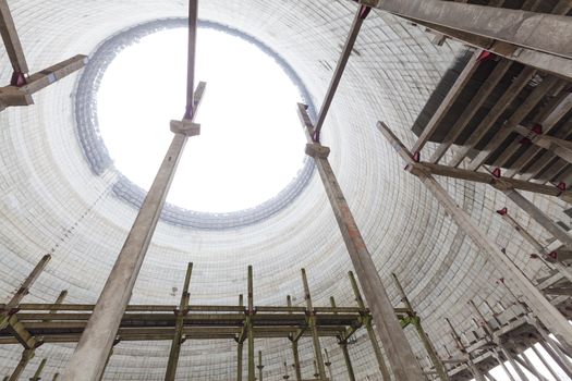 Chernobyl, Ukraine. Inside view from unfinished cooling tower of Chernobyl nuclear power plant block 5