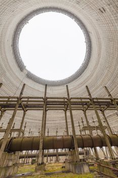 Chernobyl, Ukraine. Inside view from unfinished cooling tower of Chernobyl nuclear power plant block 5