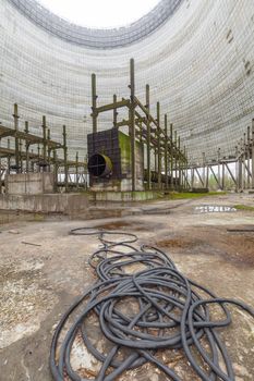 Chernobyl, Ukraine. Inside view from unfinished cooling tower of Chernobyl nuclear power plant block 5