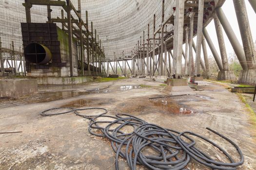 Chernobyl, Ukraine. Inside view from unfinished cooling tower of Chernobyl nuclear power plant block 5