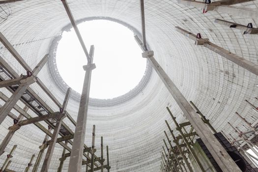 Chernobyl, Ukraine. Inside view from unfinished cooling tower of Chernobyl nuclear power plant block 5