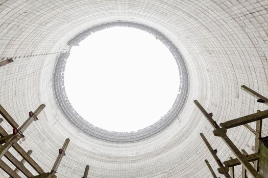 Chernobyl, Ukraine. Inside view from unfinished cooling tower of Chernobyl nuclear power plant block 5