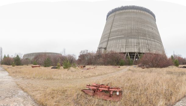 Chernobyl, Ukraine. Inside view from unfinished cooling tower of Chernobyl nuclear power plant block 5