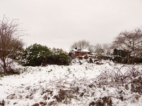 winter snow covered outside country field scene shed covered december; essex; england; uk