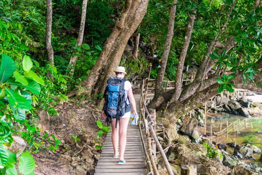 Active tourist in a hike on a wooden trail in the Asian jungle