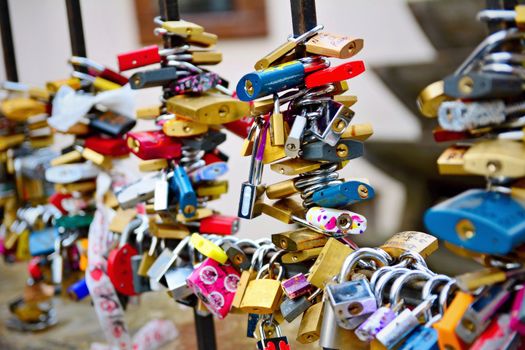 Closeup view of the locks of love on the fence.