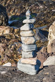 piled up stones on the Maine coastline, Usa