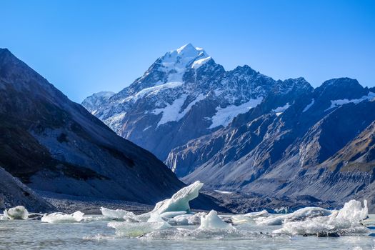 Hooker lake in Aoraki Mount Cook national park, New Zealand