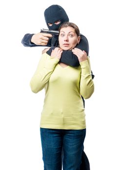 A dangerous criminal with arms and a young woman on a white background