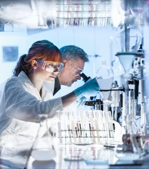 Health care researchers working in life science laboratory. Young female research scientist and senior male supervisor preparing and analyzing microscope slides in research lab.